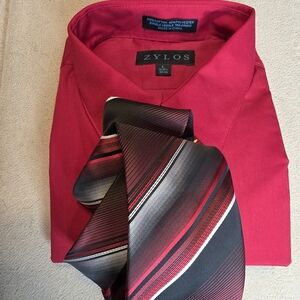 NWT Zylos Men’s Dress Shirt & Tie Set - Red/Burgundy Striped - Large